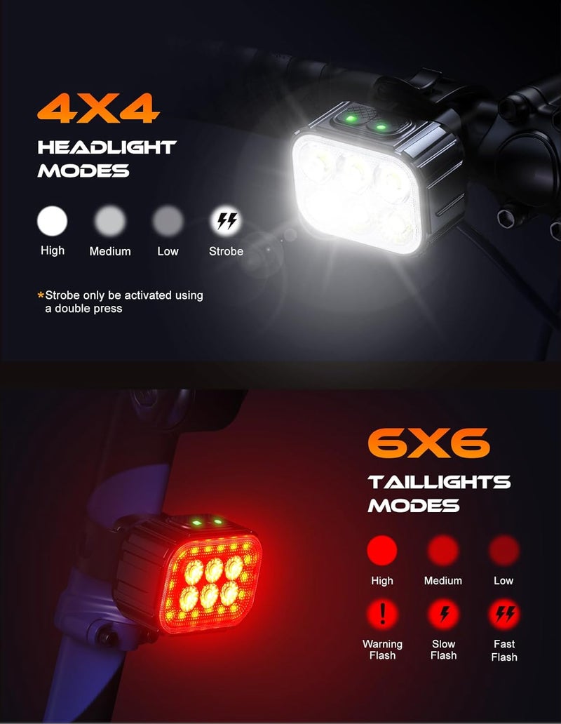 Cuvccn Bike Lights Set Ultra Bright, Bicycle Light Rechargeable with 6 Spot & Flood Beams, IP65 Waterproof Bike Lights for Night Riding, DIY 4X4 + 6X6 Modes Bicycle Headlight and Tail Light Reflectors - Image 4